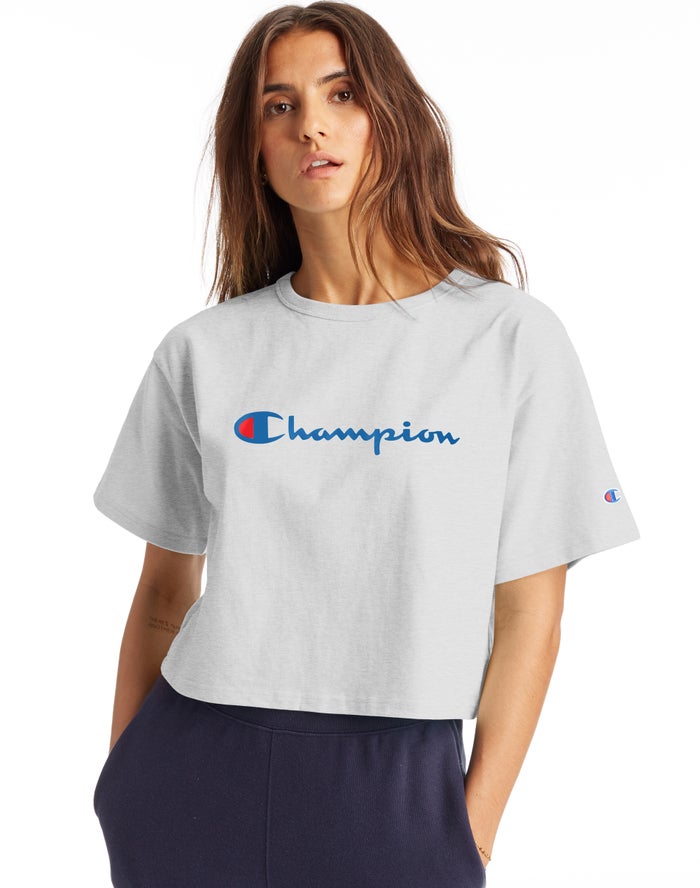 Champion Womens T-Shirt NZ - Heritage Cropped Script Logo Grey ( 4612-EWAIR )